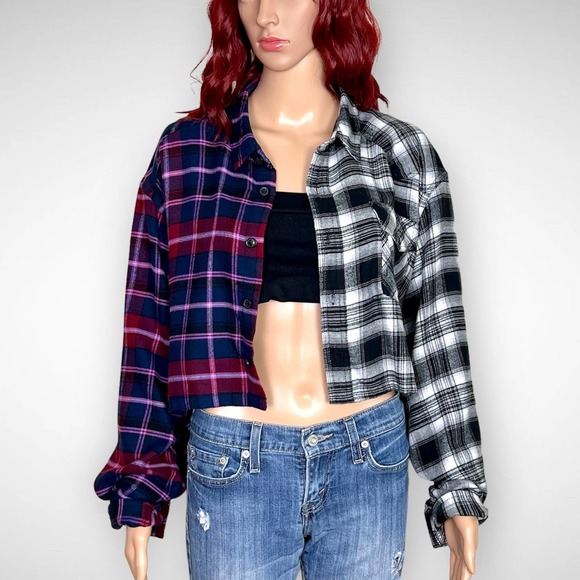 Urban Outfitters Tops - Urban Outfitters Womens Dual Plaid Cropped Flannel size Large Multi Button Down